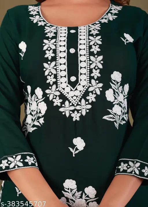 Embroidered rayon Chikankari Kurti Pant set with dupatta, three-quarter sleeves, Indian women's clothing on hanger