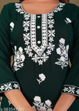Embroidered rayon Chikankari Kurti Pant set with dupatta, three-quarter sleeves, Indian women's clothing on hanger