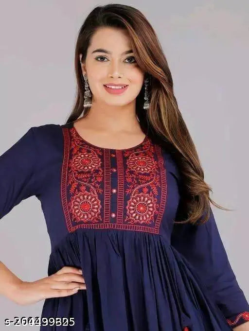 Rayon embroidered kurti in charvi alluring design. Indian ethnic wear with three-quarter sleeves