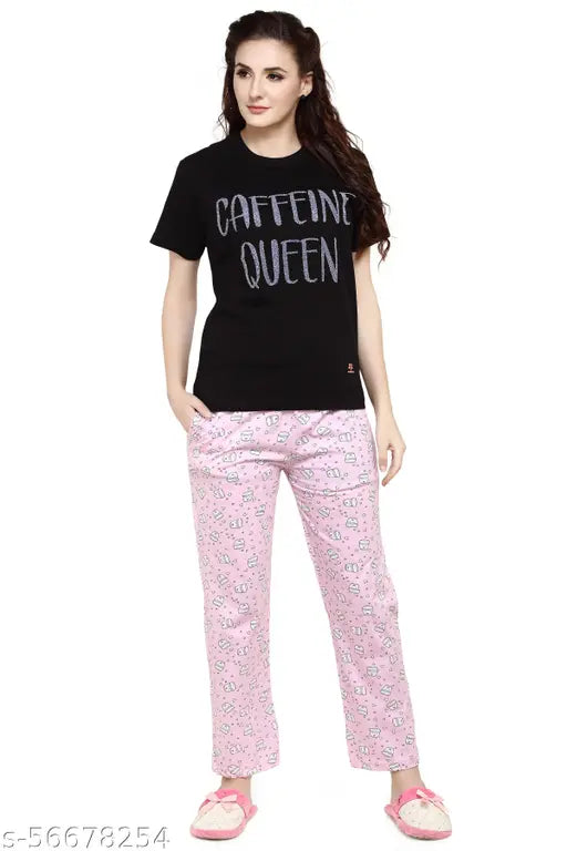 Punk pink women's pajama set, round neck coffee hearts print on black and punk pink, printed nightsuit