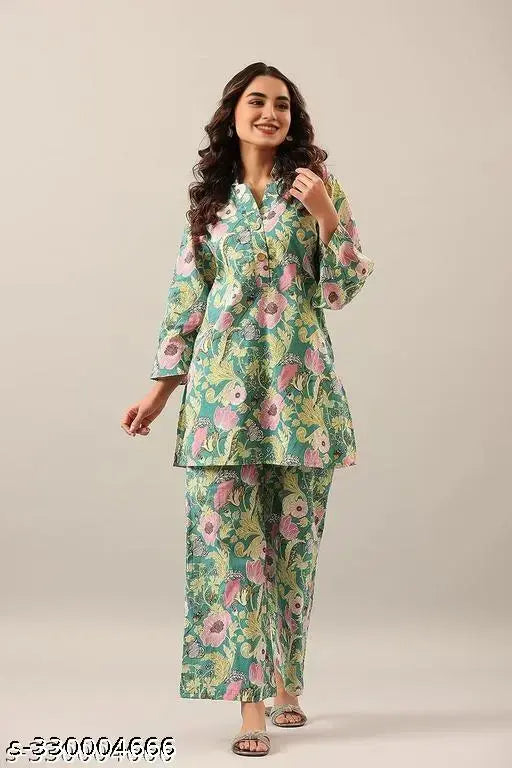 Women's trendy printed cotton blend straight pocket kurta & palazzo set, ideal for any occasion. Indian ethnic outfit with three-quarter sleeves in versatile colors and sizes