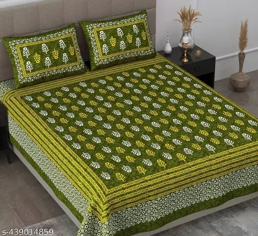 Jaipuri cotton double bed sheet with 2 pillow covers, botanical print, superfine quality for summer use, India origin