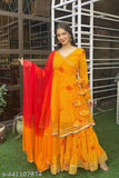 Georgette Bhandani Print Yellow Sharara Set: Traditional Indian outfit featuring a yellow kurta with dupatta and sharara bottoms, both made of georgette fabric. Handcrafted Lucknowi Chikankari work. Single size available. Made in India
