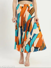 Contemporary printed crepe skirt with pleats, flared design, and new patterns for women's western wear - size 26-38, India origin