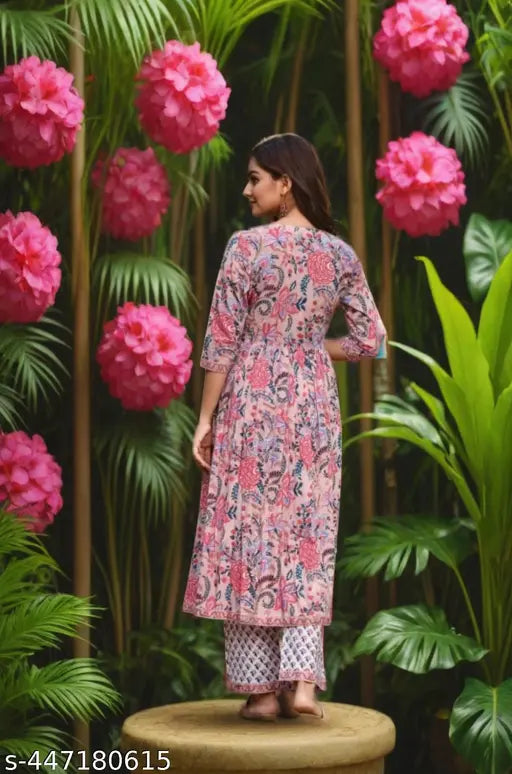 Cotton printed women's kurta set with dupatta and bottomwear, viscose fabric, three-quarter sleeves, traditional Indian motifs