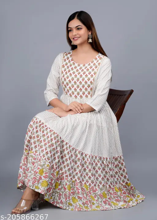 Rayon three-quarter sleeve Anarkali kurta, printed combo in Dhanvika women's collection. Indian fashion for functions, festivals, parties, and weddings