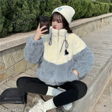 Blue & white colorblocked women's wool fur hoodie jacket, soft and warm for cold weather, adult size range