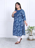Blue floral print plus size cotton straight kurta, three-quarter sleeves, yog neckline - India