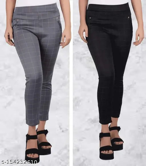 Black and grey stretchable jeggings combo pack for girls and women, cotton blend checkered pattern, versatile formal wear for Kurti, T-shirt, Shirt, modern elegance, Indian origin