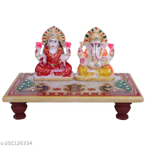 Multicolor Ganesh Lakshmi idol on marble chowki (10cm x 10cm x 15cm), handcrafted by Rajasthani artisans
