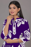 Purple Maharani Print Rayon Kurta Pant Set, latest Indian design featuring three-quarter sleeves and matching pants in a vibrant printed pattern