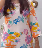 Rayon printed kurta set with palazzos for women, fashionable three-quarter sleeve Indian outfit on mannequin