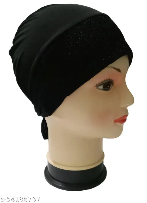 Black shimmer Muslim women hijab cap - solid black cotton net, adjustable traditional cap from India