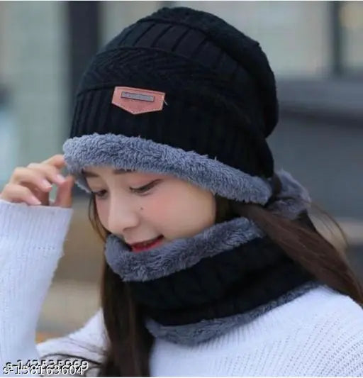 Winter cotton-blend beanie with fleece lining and scarf, warm fur pattern, onesize accessory for cold weather