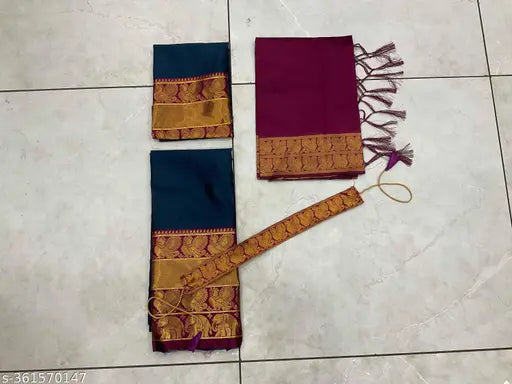 Traditional South Indian style art silk half saree set, unstitched lehenga (40m waist, 42m length), zari work choli and dupatta with woven design, tussled edges, belt included, ready to ship from India