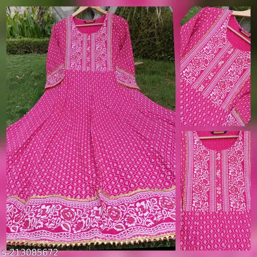 Rayon Super Hit Rani Printed Kurtis, three-quarter sleeves, vibrant pink print on traditional Indian design