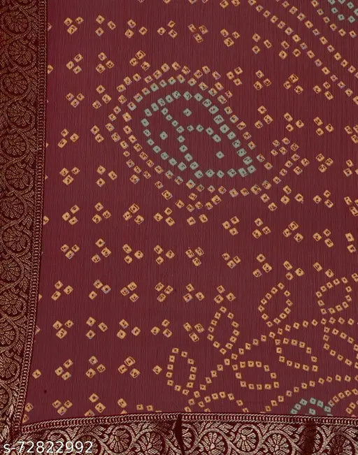 Maroon chiffon printed saree with separate blouse, free size, India origin