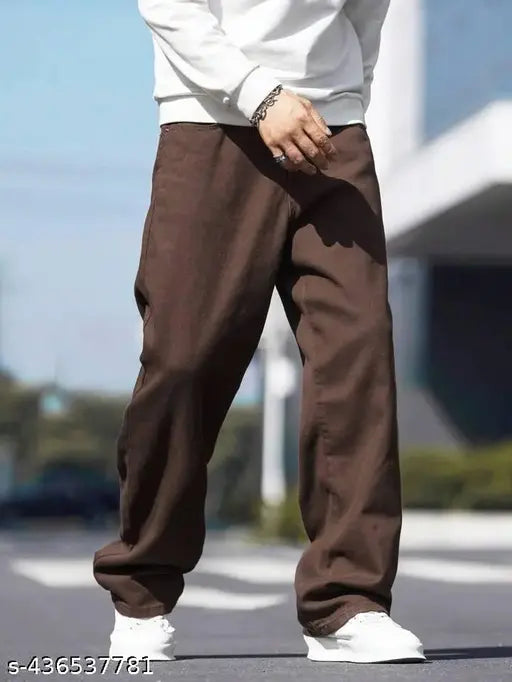 Mens cotton baggy Brown, solid pattern, large fit (size 28: waist 29in, length 38in, hip 35in; size 34: waist 35in, length 40in, hip 41in; size 36: waist 37in, length 40in, hip 43in) - Indian made men's fashion clothing