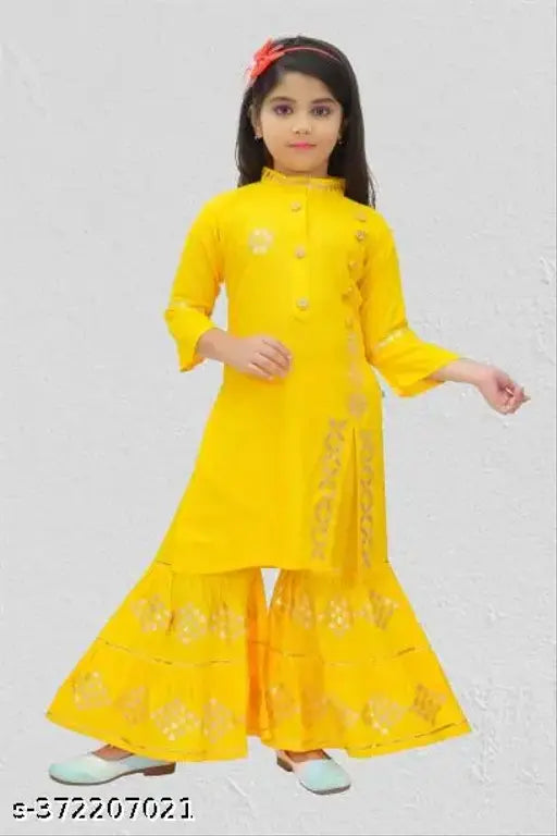 Yellow rayon embroidered A-line palazzo kurta for girls (size 2-3 years) - intricate threadwork on neck, sleeves & bottom pants, ideal for casual wear