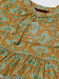 Mustard cotton tunic with printed pattern, three-quarter sleeves for women