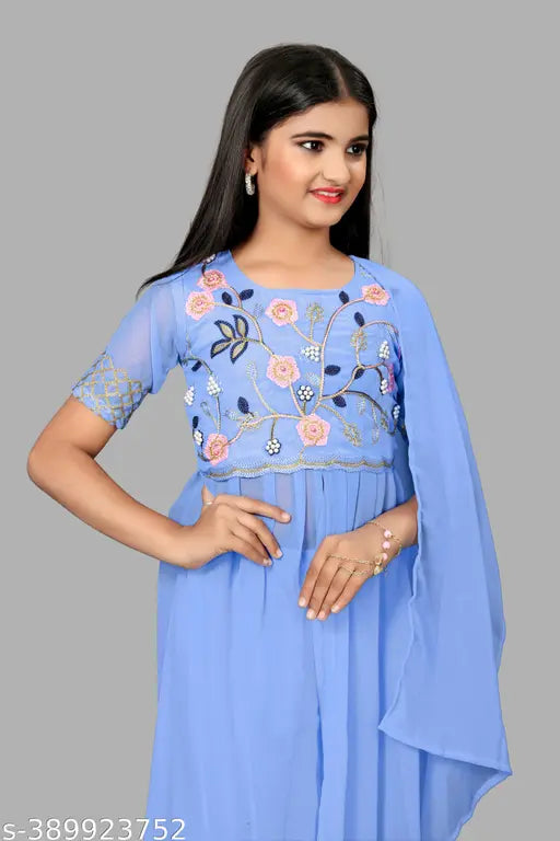 Georgette embroidered kurta set with dupatta, handcrafted Indian designer wear for girls aged 4-13 years