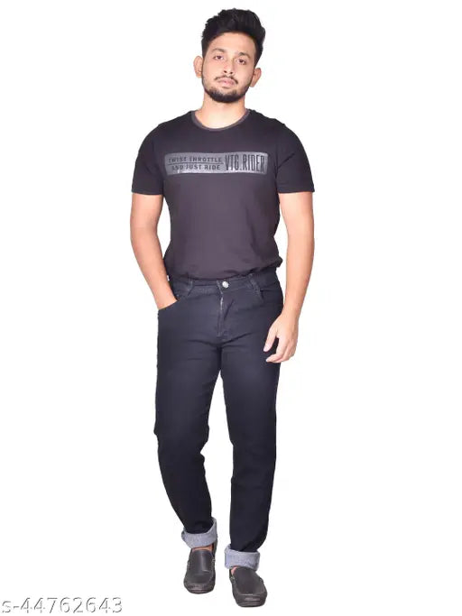 Men's solid denim full-length jeans, stretchable and durable for casual, party, or office wear. Comfortable pockets, perfect fit sizes: 28, 30, 32, 34, 36, 38, 40, 42 (inches). Made in India