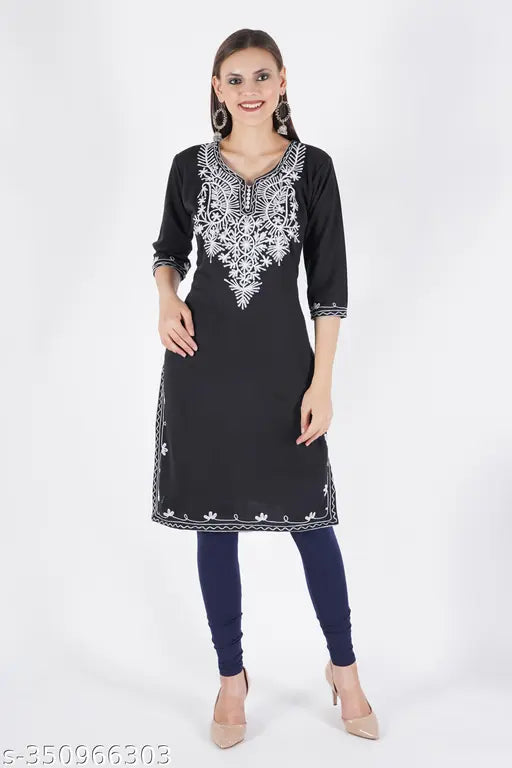 New woolen Aari kurti, embroidered three-quarter sleeve woolen kurti in L size (bust 40in, length 42in), premium quality Indian handcrafted wool kurti