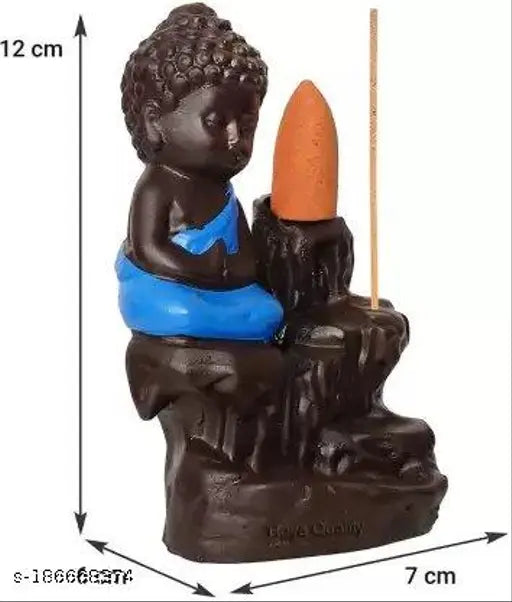 Blue & gold polyresin Buddha statue combo pack, featuring 2 backflow incense cones each and a Lord Buddha face statue with golden head. Decorative showpiece for home decoration, radiating peace and calm