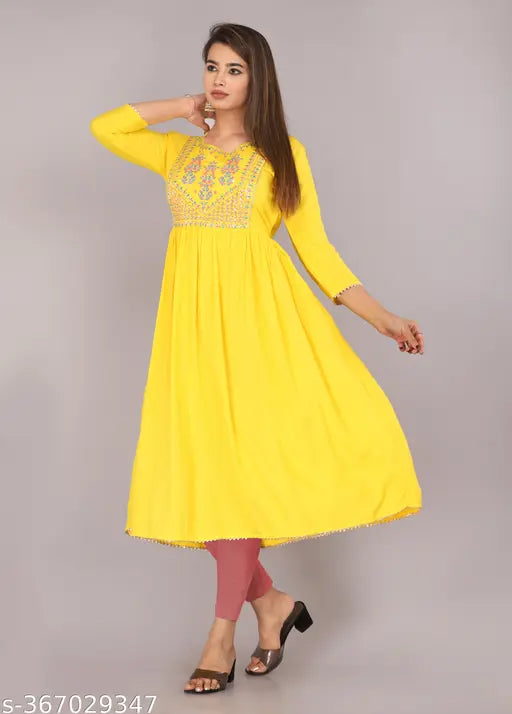 Yellow rayon embroidered anarkali kurta, three-quarter sleeves, S-XXXL