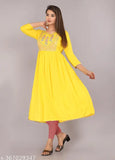 Yellow rayon embroidered anarkali kurta, three-quarter sleeves, S-XXXL