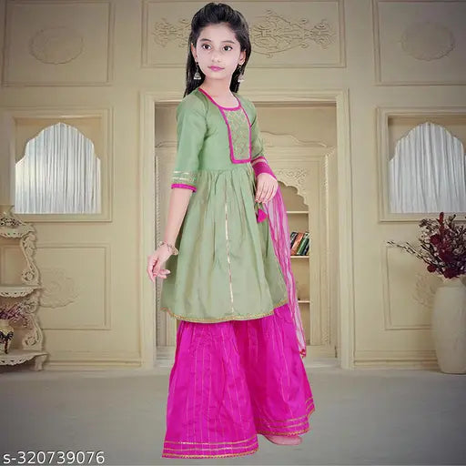 Dupion silk anarkali Kurta Sharara & Dupatta set for girls, embellished with laces. Indian ready-to-wear fashion for any season or occasion
