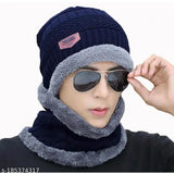 Wool balclava, navy fur pattern, cozy winter cap set from India