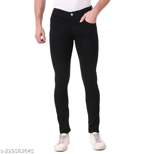 Men's black denim slim fit stretchable jeans with a solid print and mid-rise, offering excellent finishing. Color may vary due to display settings. Sizes: 28 (waist 28in, length 41in), 30 (waist 30in, length 41in), 32 (waist 32in, length 41in), 34 (waist 34in, length 41in), 36 (waist 36in, length 41in). Made in India