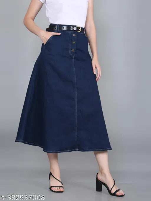 Denim blue stretchable skirt with front pockets, all seasons suitable for western style - size 26/waist 26in, length 34in