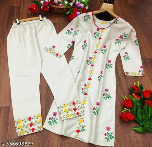 Embroidered cotton kurta set with bottom, women's fancy design, sizes XXS-XXXL