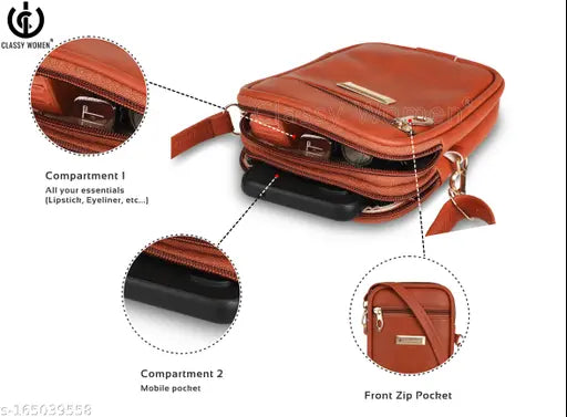 Brown PU leather cross-body phone bag, stylish and spacious with 2 compartments for essentials