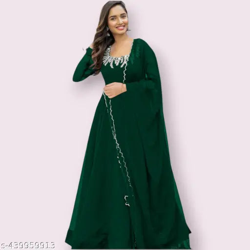 Green Georgette Anarkali Gown, solid net, long sleeves, N=1, embellished with floral embroidery and lace