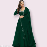 Green Georgette Anarkali Gown, solid net, long sleeves, N=1, embellished with floral embroidery and lace