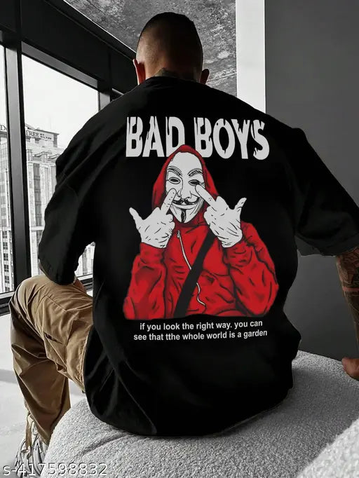 Hiden Brooks Mens Large Black Cotton Graphic Printed Oversized Tee - Bad boy graphic design on oversized half sleeve t-shirt for casual wear