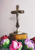 Brass statue of Jesus Christ on cross for worship or home office decor, intricately detailed, 9-inch tall