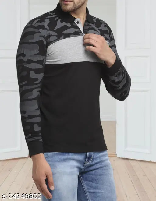 Black cotton blend Wild West full sleeve polo neck t-shirt with all over print for men, stylish and trendy party wear apparel