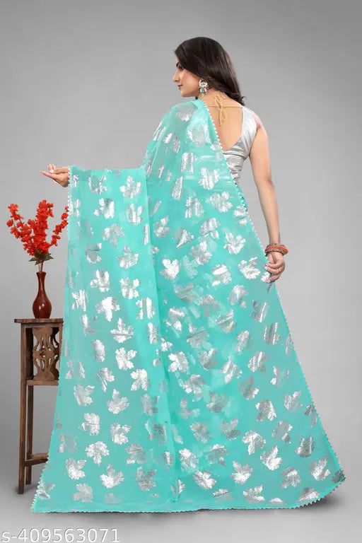 Lace silver Georgette saree with foil print, India-made fashion accessory