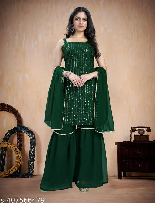 Exquisite Georgette Sequence Embroidered Kurti Sharara Set with Dupatta, perfect for every occasion. Sleeveless, single piece, size S-XXL, made in India