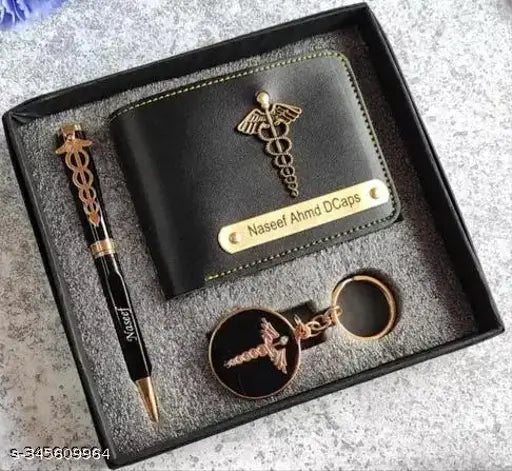 Customised leatherette men's wallet, doctor pen & keychain combo set. Solid pattern, 5 compartments, free size (16cmx16cm). Unique medical gift from India