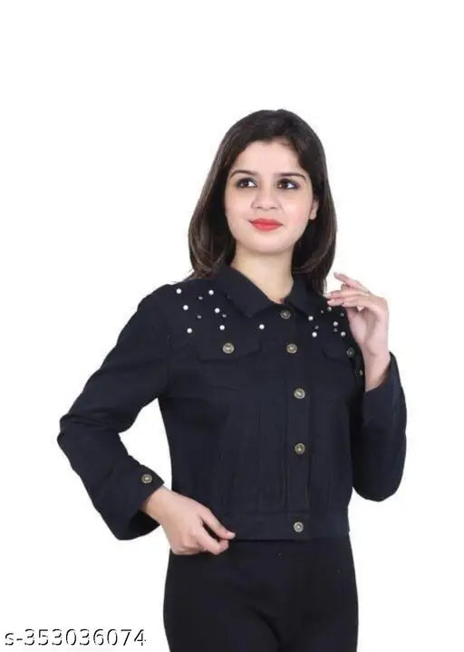 Women's solid denim collar jacket Mote, long sleeved, size L (38in bust, 21in length), from India