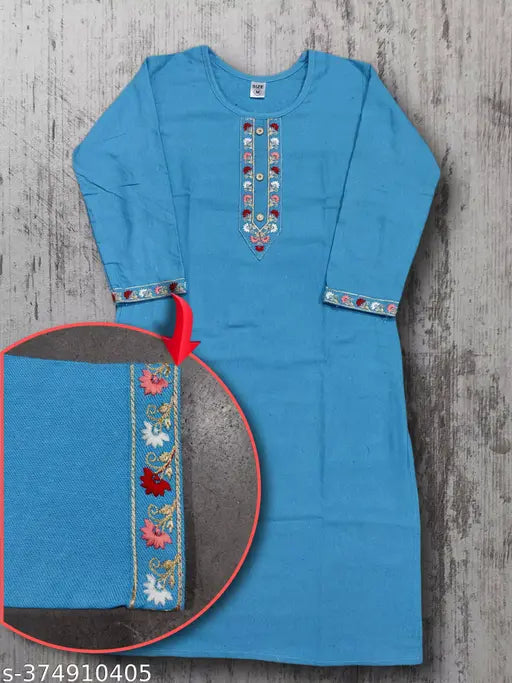 Winter Embroidery Kurta, three-quarter sleeve woolen women's garment with intricate embroidery detail