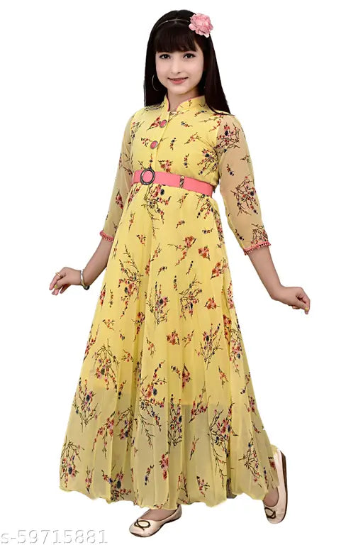 Yellow rayon ethnic gown for girls (size 4-5 yrs), vibrant printed net pattern with three-quarter sleeves, Indian origin