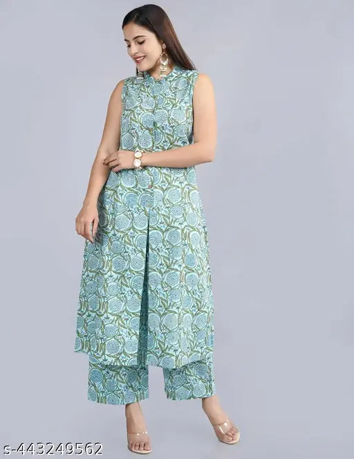 Cotton green kurta with palazzo, printed net design for women's fashion, India origin