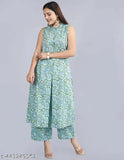 Cotton green kurta with palazzo, printed net design for women's fashion, India origin