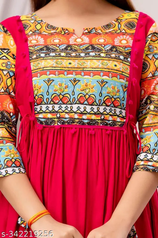 Rayon A-line printed Anarkali kurti, vibrant pattern, three-quarter sleeves for women, India origin